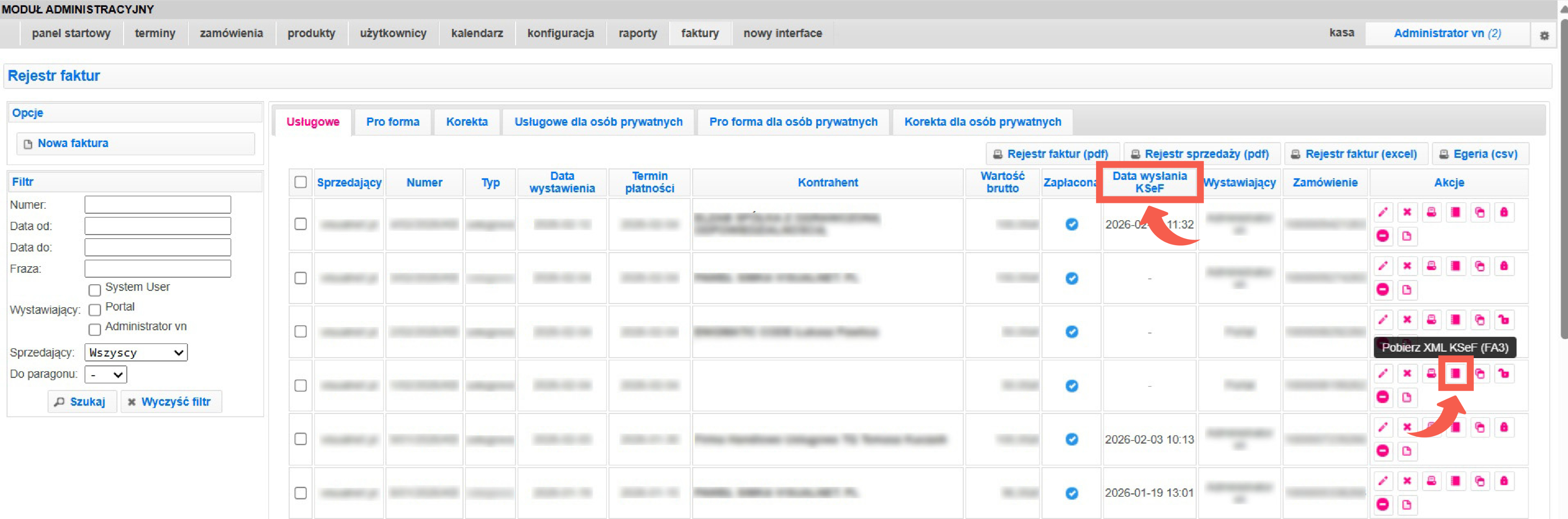 Zakładka Faktury w systemie VisualTicket