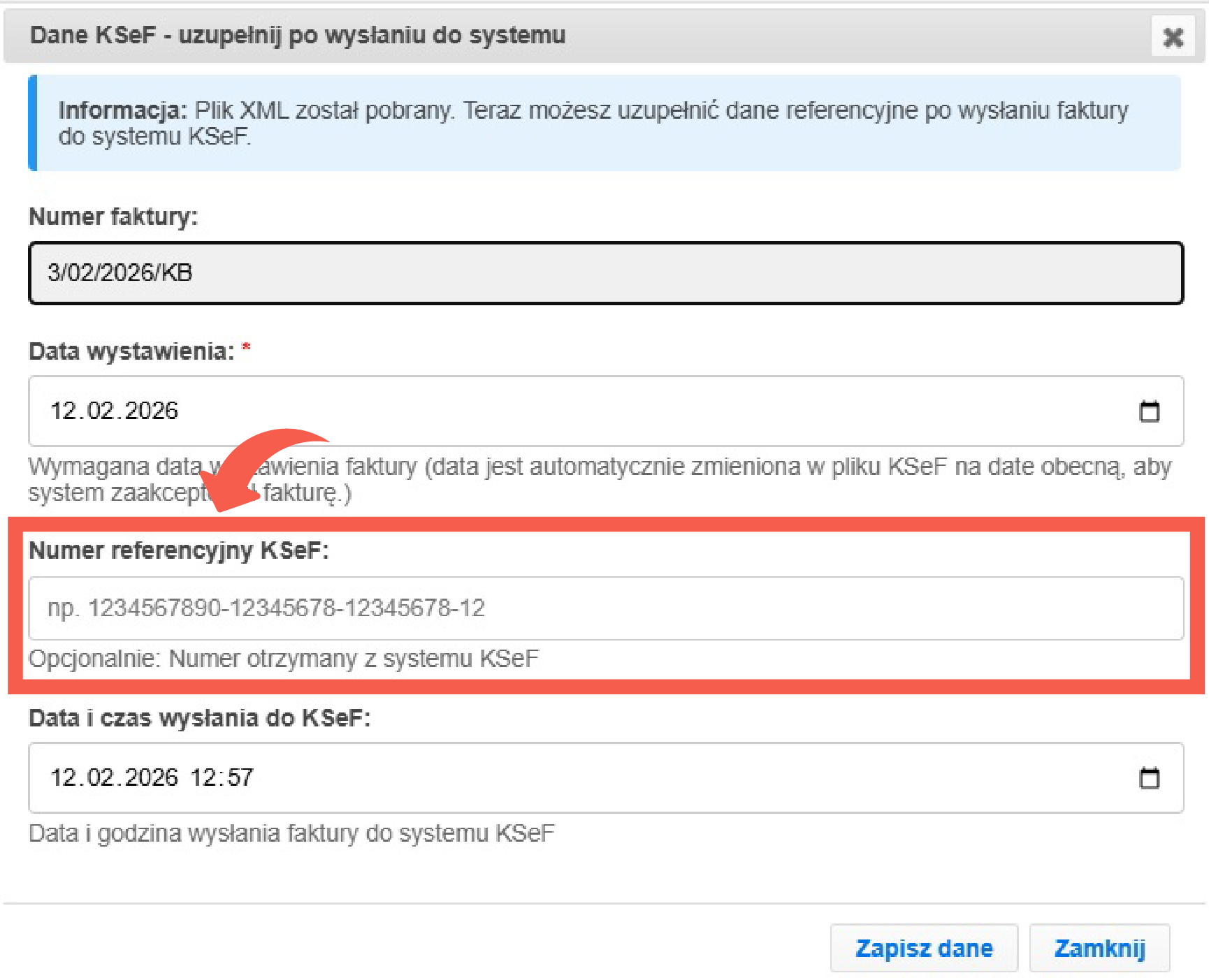 Uzupełnienie numeru referencyjnego KSeF